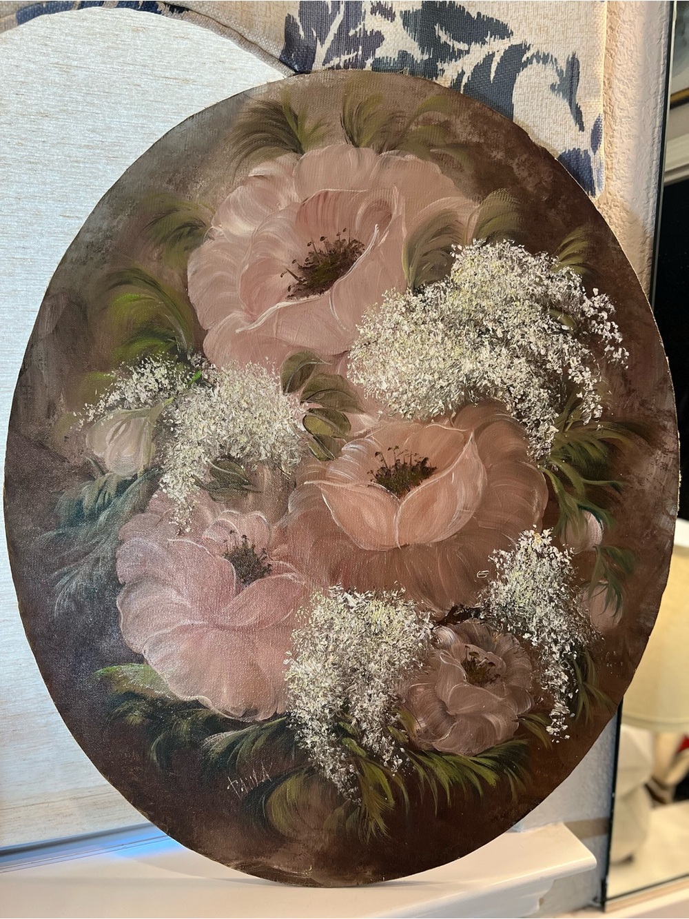 Vintage Oval Floral Painting in Dusty Rose and Ivory
